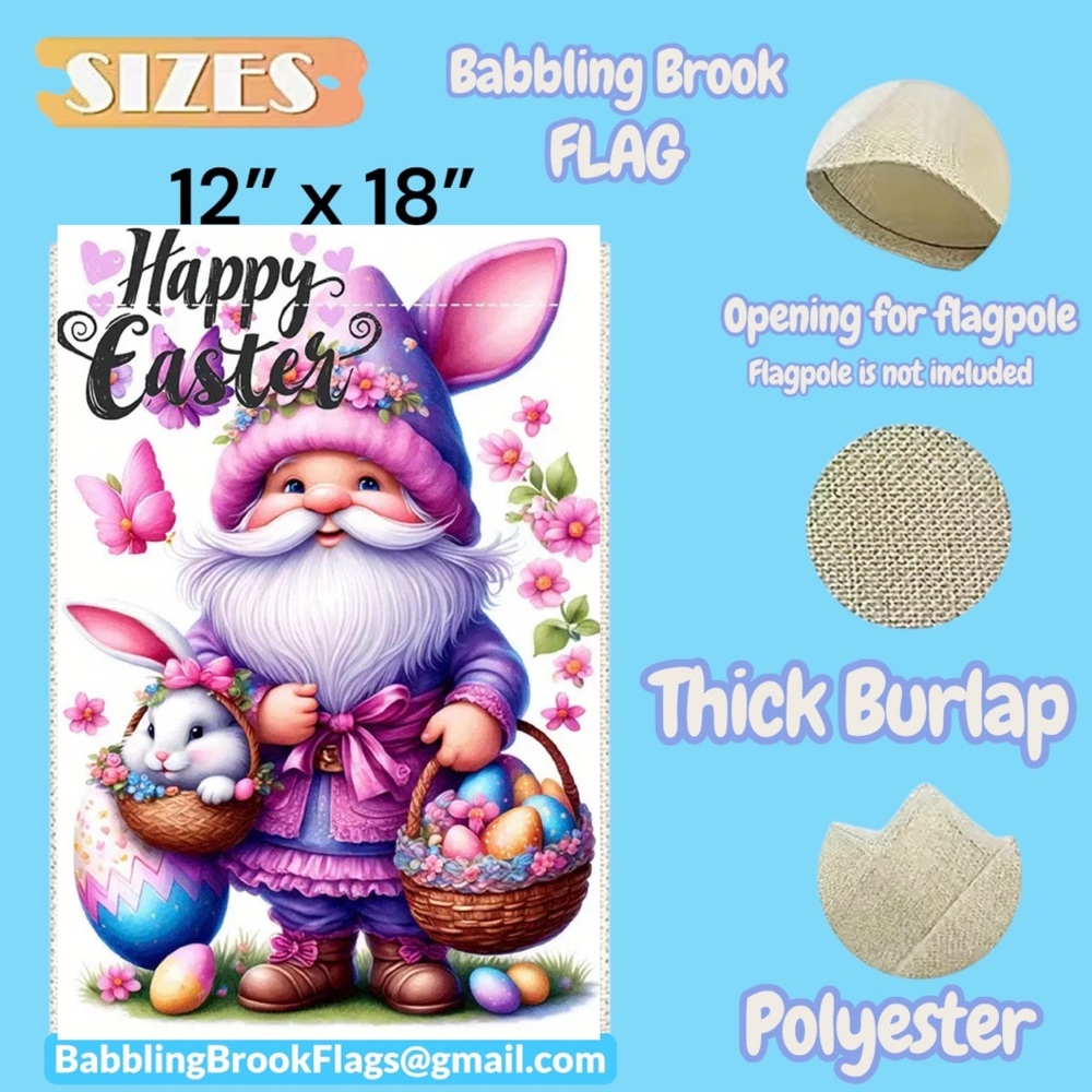 Garden Flag, 12”x18”, Happy Easter Gnome, Thick Burlap Polyester Double-sided